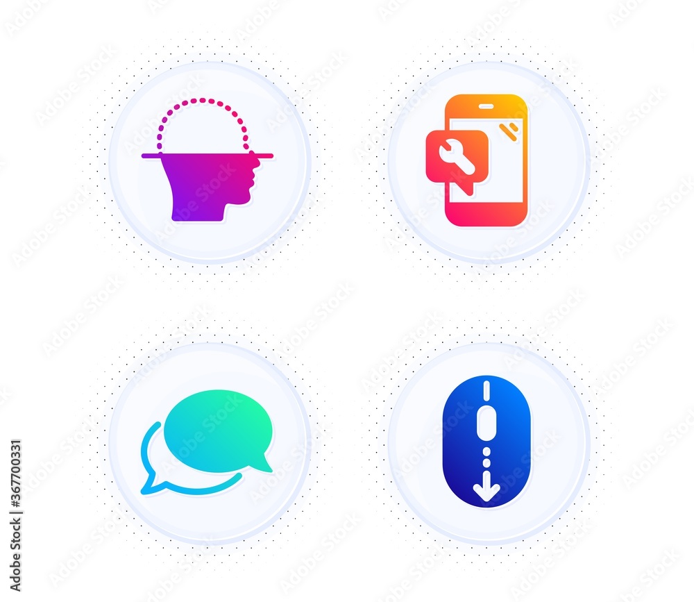Face scanning, Phone repair and Messenger icons simple set. Button with halftone dots. Scroll down sign. Faces detection, Spanner service, Speech bubble. Mouse swipe. Technology set. Vector Face scanning, Phone repair and Messenger icons simple set. Button with halftone dots. Scroll down sign. Faces detection, Spanner service, Speech bubble. Mouse swipe. Technology set. Vector