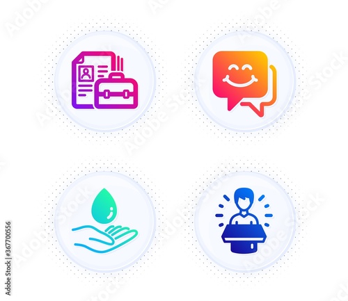 Smile face, Water care and Vacancy icons simple set. Button with halftone dots. Brand ambassador sign. Chat, Aqua drop, Hiring job. Man speak. Business set. Gradient flat smile face icon. Vector