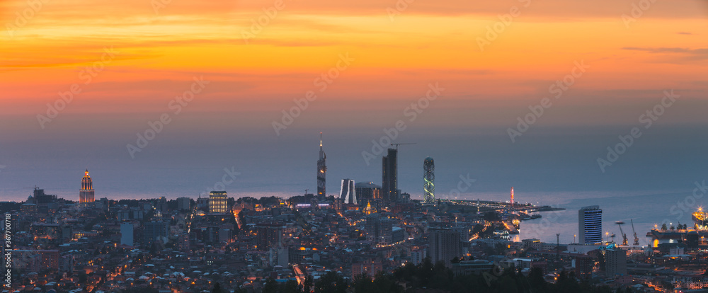 Batumi, Adjara, Georgia. Aerial View Of Urban Cityscape Skyline At Sunset. Georgian Black Sea Coast. Resort Town. Panorama, Panoramic View