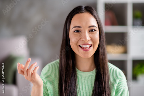 Tableau sur toile Close up photo of positive cheerful korean girl blogger have online broadcast me