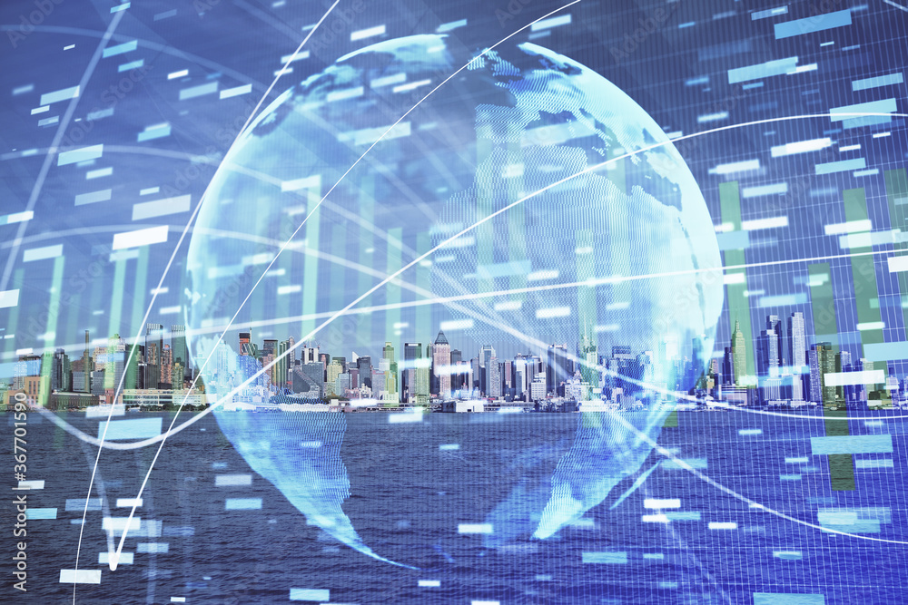 Double exposure of business theme hologram drawing and city veiw background. Concept of success. Double exposure of business theme hologram drawing and city veiw background. Concept of success.