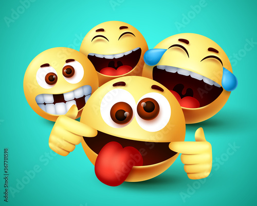 Emoji smiley funny friends taking selfie vector characters. Smiley emoji of friendship emoticon in happy smiling, silly, funny and crazy facial expression in green background. Vector illustration.
