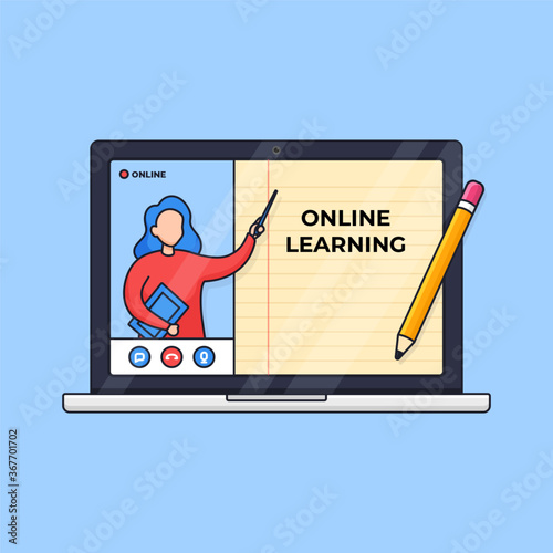 Online learning modern distant education vector illustration. Mentor presenting on screen with digital paper line book on laptop computer. outline cartoon style flat design.