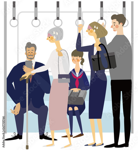 電車で座れずに困るお年寄りのイラスト