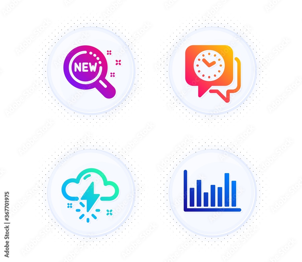 Thunderstorm weather, New products and Clock icons simple set. Button with halftone dots. Bar diagram sign. Thunder bolt, Search, Time. Statistics infochart. Science set. Vector Thunderstorm weather, New products and Clock icons simple set. Button with halftone dots. Bar diagram sign. Thunder bolt, Search, Time. Statistics infochart. Science set. Vector