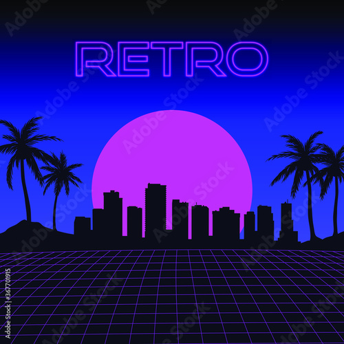 Retro Skyline Landscape with 3D Grid | Synthwave Design
