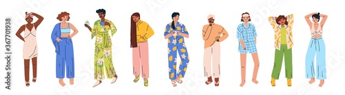 Trendy young women set wearing cozy home clothes, homewear. Multicultural cute girls in various comfortable pajamas, nightgown, sleepwear. Flat vector cartoon illustration isolated on white background photo