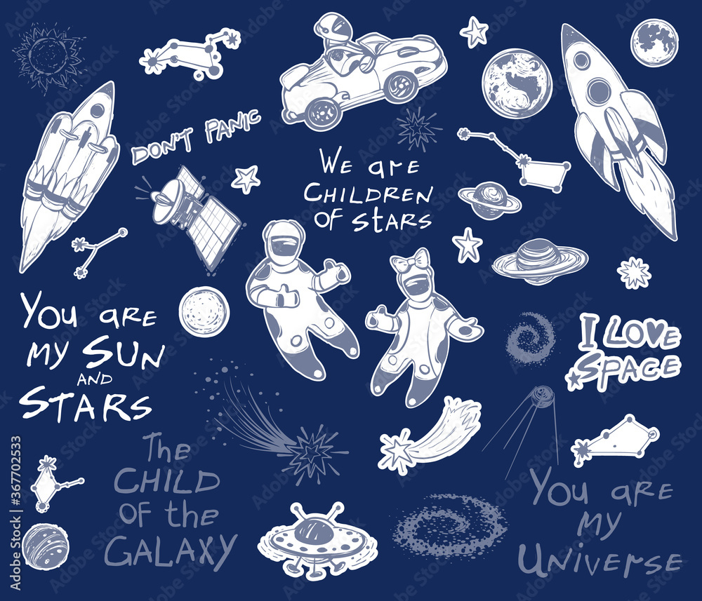 Cosmos patches and stickers pack in doodle style. Ufo, space, rocket ...