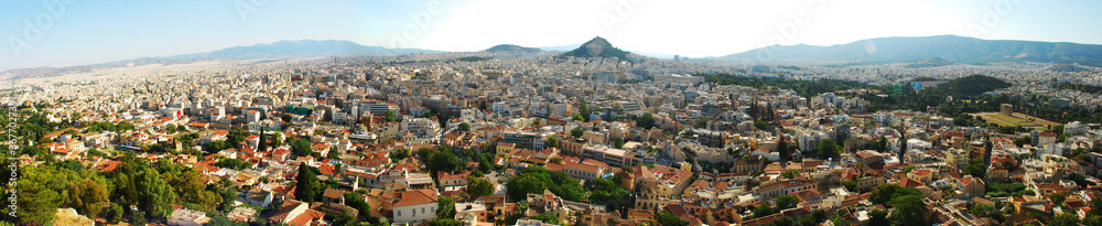 Panorama of the city of Athens. The capital of Greece is Athens. The view from the top to the big city, mountains are visible in the distance.