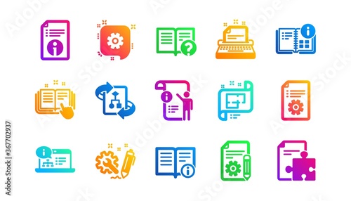 Instruction, Plan and Manual. Technical documentation icons. Algorithm classic icon set. Gradient patterns. Quality signs set. Vector