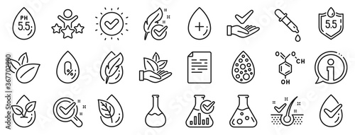 Dermatologically tested, Alcohol free and Paraben chemical formula icons. No artificial colors, Anti-dandruff flakes free line icons. Hypoallergenic tested, Neutral ph and Organic. Vector