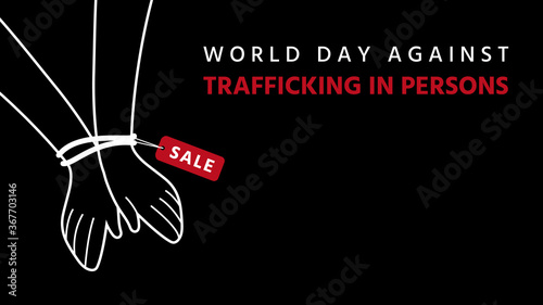 World day against trafficking in persons text, tied hands and red label with sale alphabet, human trafficking concept, vector illustration for graphic design, website or banner