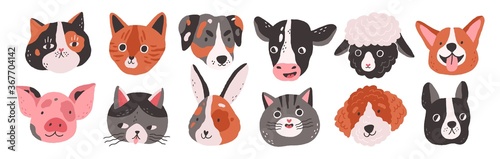 Set of happy funny domestic animals or farm pet. Different faces, muzzles, heads or avatars. Cats, dogs, sheep, cow, pig, rabbit or hare. Flat vector cartoon illustration isolated on white background
