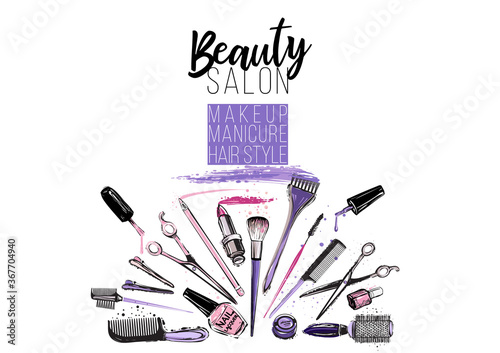 Beauty salon, manicure, makeup, hairdressing poster, flyer, template design. Fashion woman accessory illustration icon logo set isolated vector on white background