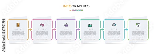Concept of shopping process with 6 successive steps. Six colorful graphic elements. Timeline design for brochure, presentation, web site. Infographic design layout.