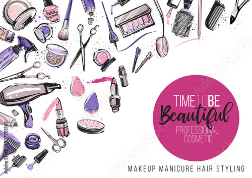 Beauty salon, manicure, makeup, hairdressing poster, flyer, template design. Fashion woman accessory illustration icon logo set isolated vector on white background