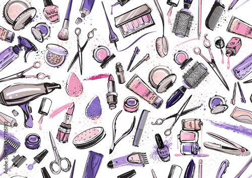 Beauty salon, manicure, makeup, hairdressing background seamless pattern. Fashion woman accessory proffessional tools icon logo set isolated vector on white backdrop