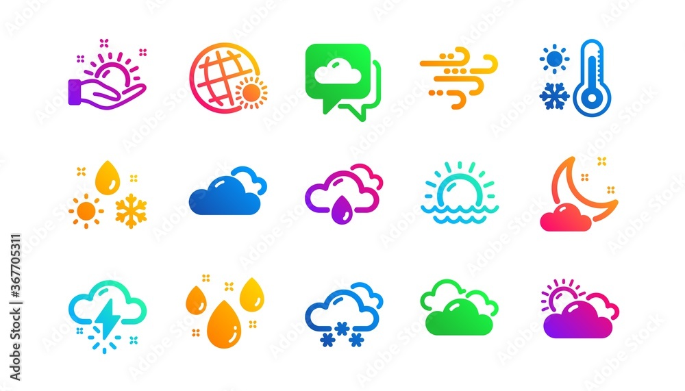 Cloudy sky, winter snowflake, thermometer. Weather and forecast icons. Moon night, rain and sunset icons. Weather temperature, meteorology forecast. Classic set. Gradient patterns. Vector
