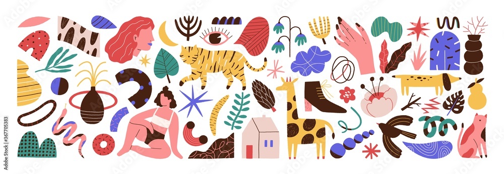 custom made wallpaper toronto digitalBundle of abstract trendy doodle art. Set of hand drawn cat, dog, eye, woman, plant, curve, shape, object, blob. Design element. Flat vector cartoon illustration isolated on white background