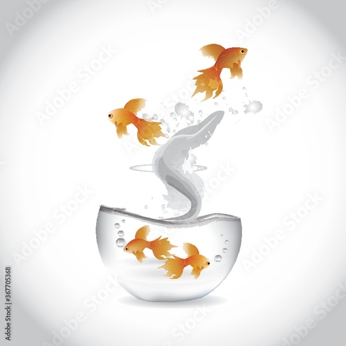 gold fishes jumping out from bowl