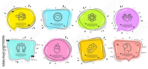Woman love, Friend and Love letter signs. Speech bubbles with quotes. Heart flame, Atom and Friends couple line icons set. Valentine target, Hold heart symbols. Electron, Friendship. Love set. Vector