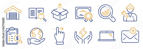 Set of Technology icons, such as New mail, Parking garage. Certificate, save planet. Safe energy, Repairman, Accounting report. Touchscreen gesture, Laptop, Search text. Vector