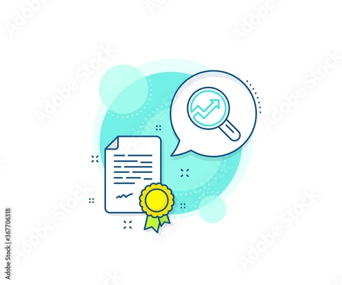Report graph or Sales growth sign in Magnifying glass. Certification complex icon. Chart line icon. Analysis and Statistics data symbol. Certificate or diploma document. Analytics sign. Vector