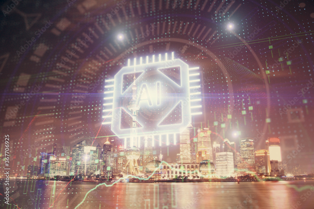 Obraz premium Data theme hologram drawing on city view with skyscrapers background multi exposure. Ai concept.