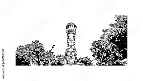 Building view with landmark of Ahmedabad, in western India, is the largest city in the state of Gujarat. Hand drawn sketch illustration in vector.