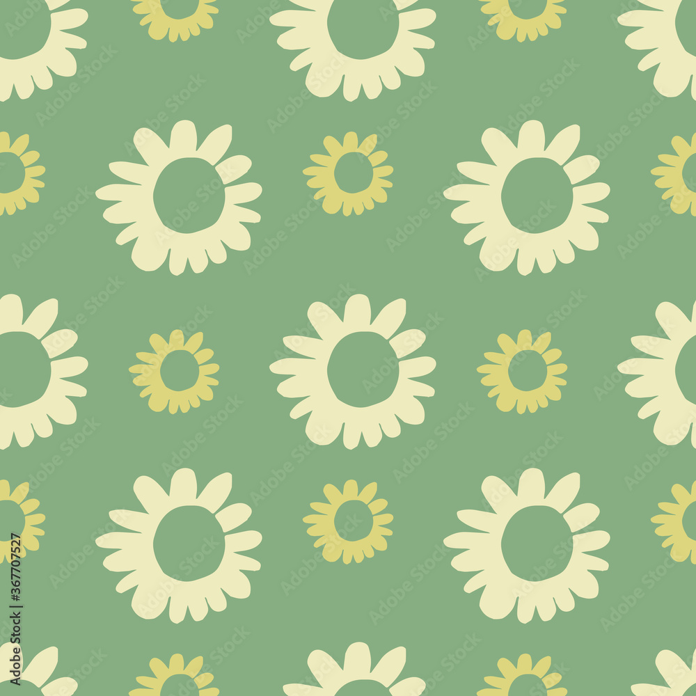 Light green background with beige and yellow flowers different sizes. Seamless botanic pattern. Light green background with beige and yellow flowers different sizes. Seamless botanic pattern.