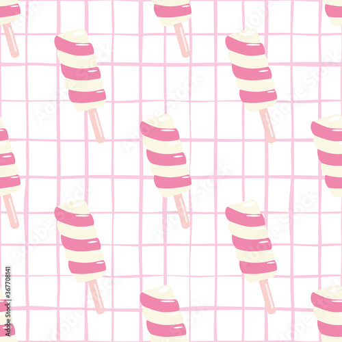 Creative seamless pattern with twister fruit ice in pink colors. White bakground with check.
