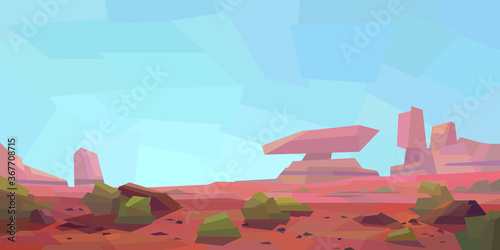 Low poly desert landscape. Mountains, vegetation, rocks. Vector illustration