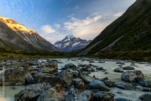 The Hooker River from the view of the Hooker Valley Track with Mt Cook in the background.