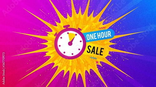 One hour sale icon. Flare light flash banner. Discount banner shape. Special offer timer icon. Gradient shape background. Promotional flyer design. One hour promotion. Vector