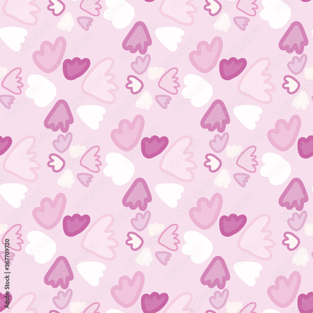 Bright seamless doodle pattern wih flower shapes. Light pink background and white and rozy elements. Bright seamless doodle pattern wih flower shapes. Light pink background and white and rozy elements.
