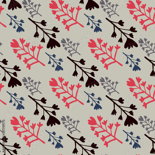 Bright seamless doodle pattern with red, black and navy blue branches. Grey background. Simple backdrop.