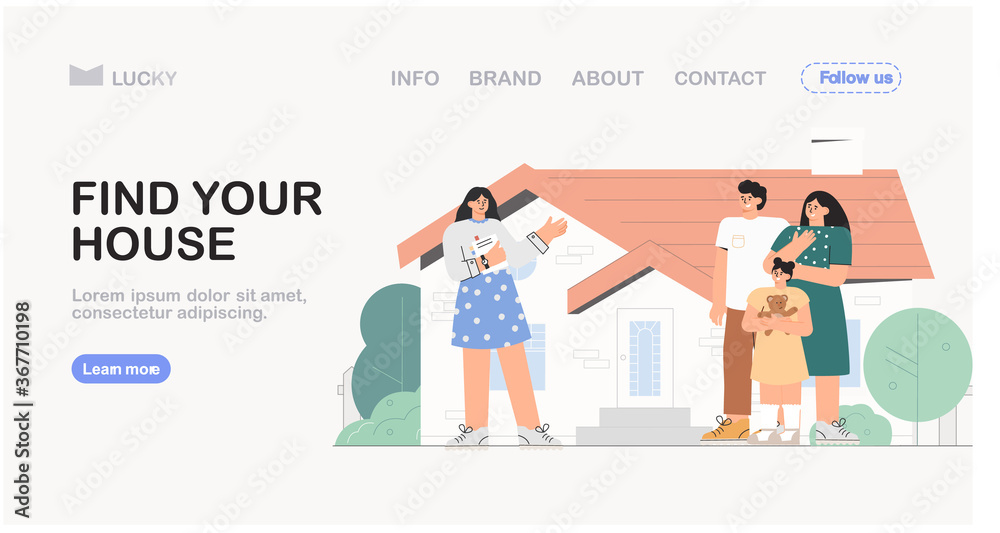 Concept of real estate Agency, sale of a residential building. Relator shows a young family the house. House for sale. Vector illustration for banner, advertising, landing page.