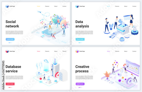 Isometric data analysis of social media network technology vector illustrations. Creative 3d modern concept webpage banner set with cloud office database analyzing service, internet tech analytics