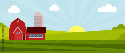 Country farm house on a green meadow, agricultural construction. Flat vector illustration on a background of blue sky with clouds.Cartoon rural landscape panorama field.Banner for website