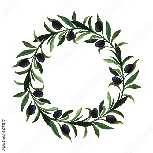 Watercolor olive wreath. The illustration is painted with watercolor paint. White background. The picture is drawn by hand. Illustration for printing  paper design  typography  wallpaper  textiles.