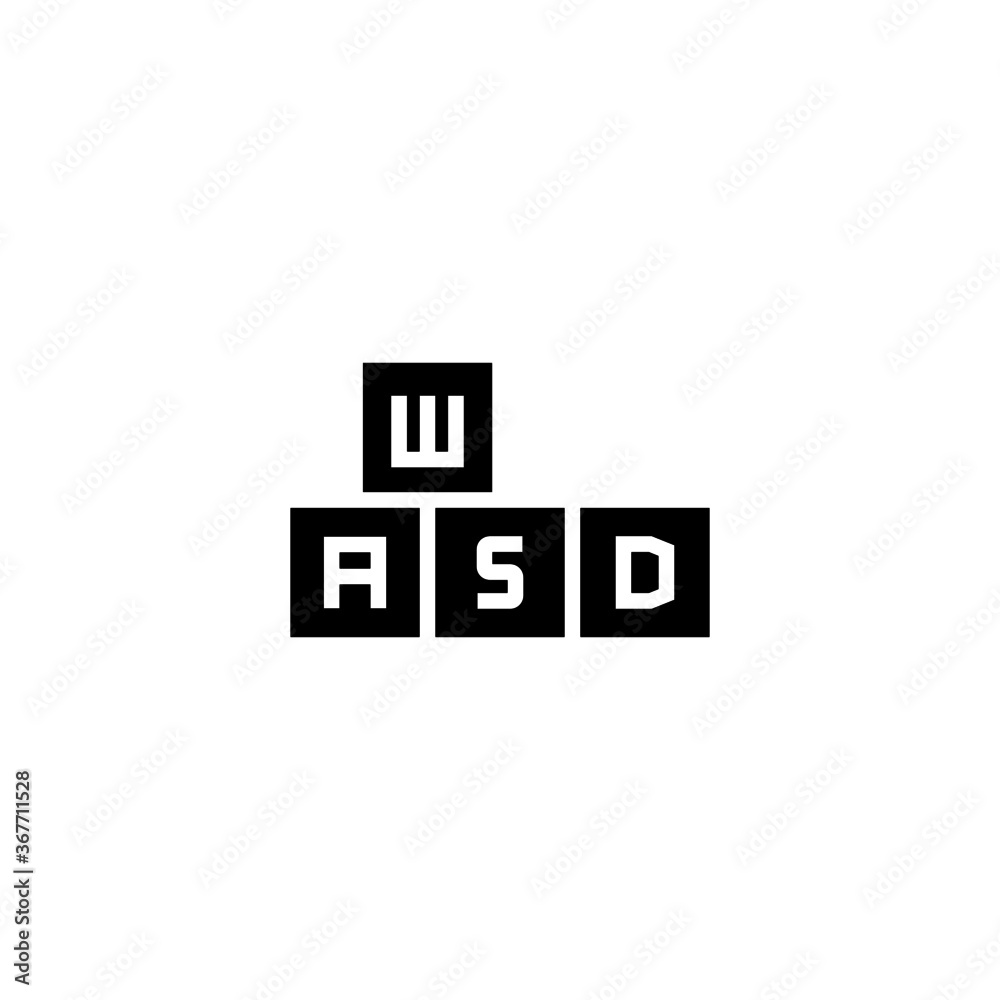 WASD Key icon in black flat glyph, filled style isolated on white background WASD Key icon in black flat glyph, filled style isolated on white background