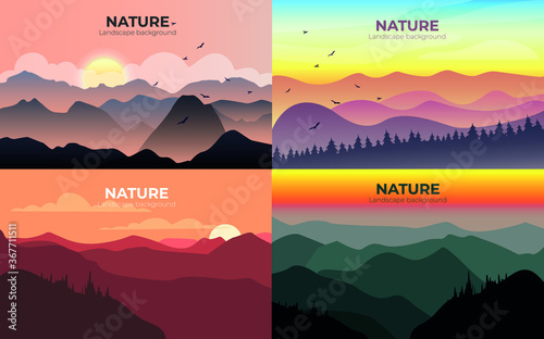 Nature background. Landscape mountains view. Mount range silhouette sunrise and sunset.
