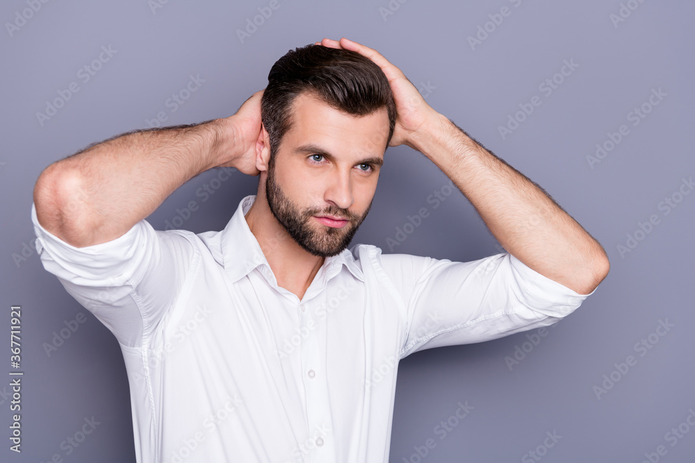 Close-up portrait of his he nice attractive content virile brutal man employee executive manager touching hair narcissism isolated over grey violet purple pastel color background