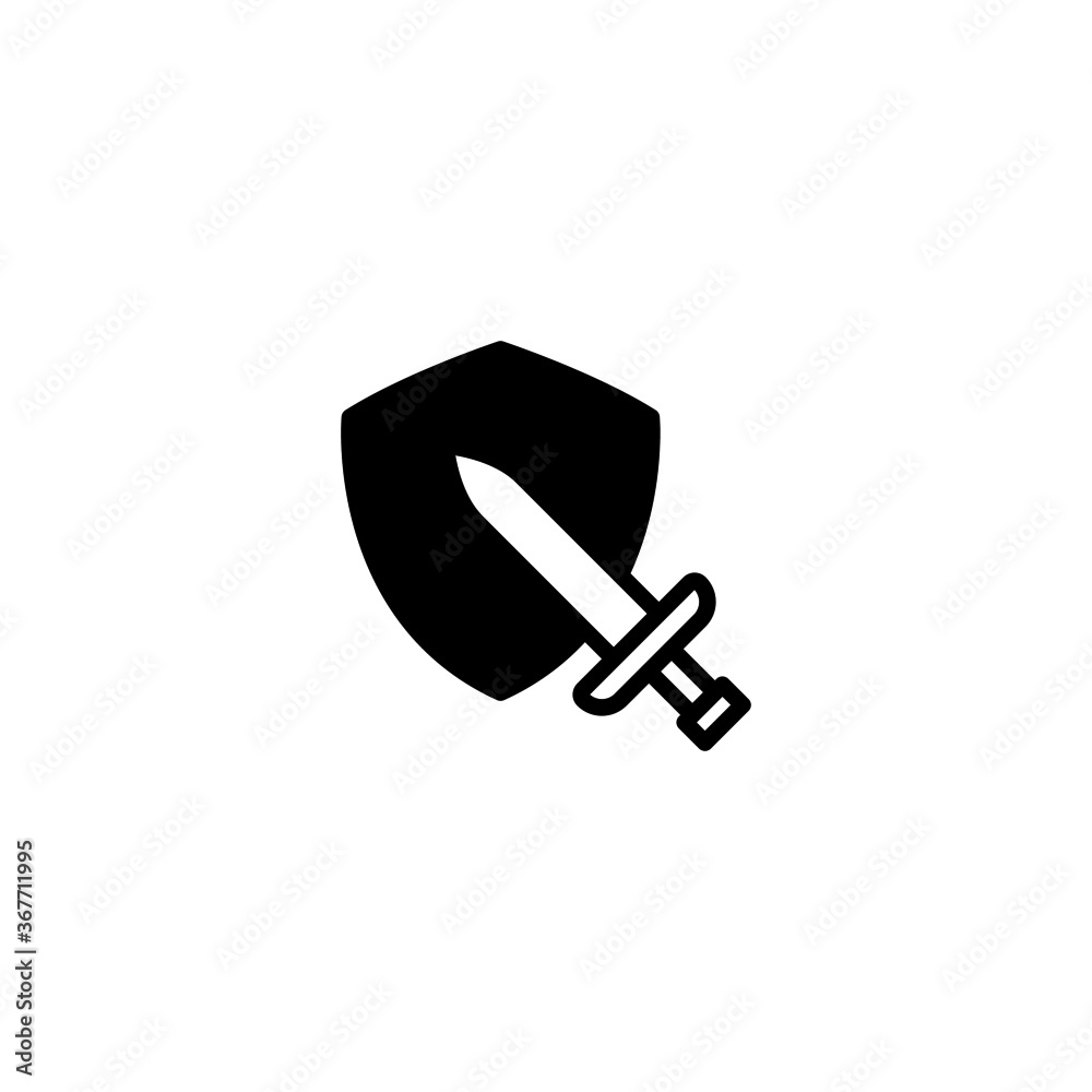 Sword and shield icon in black flat glyph, filled style isolated on white background Sword and shield icon in black flat glyph, filled style isolated on white background