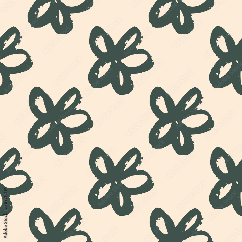 Daisy grunge seamless pattern. Hand drawn brush design with dark grey contoured flowers silhouettes. Light pink background. Daisy grunge seamless pattern. Hand drawn brush design with dark grey contoured flowers silhouettes. Light pink background.