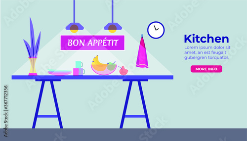 Kitchen in flat design with fruits cup clocks on th the wall, towel, vase with plant. Bon appetit on the wall. Light from the light bulb in day. Flat design style vector illustration

