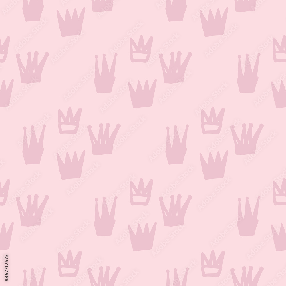 Fototapeta premium Hand dawn crown silhouettes seamless pattern. Soft pink background. Simple backdrop.