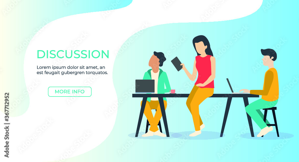 Creative people sitting at the table using laptops. Office team thinking idea, discussion startup, time management, planning and strategy. Flat design style vector illustration for web or print
