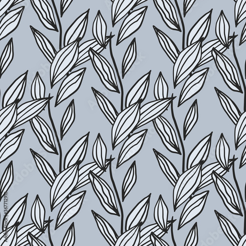 Seamless pattern with contoured white leaves ornament. Light blue background. Simple backdrop.