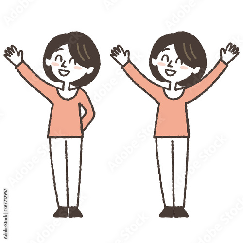 笑顔で手を上げている女性のイラストセット